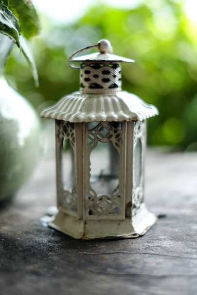 Closeup, white rustic candle lantern, home decoration - Photo, Image