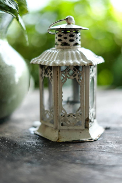 Closeup, white rustic candle lantern, home decoration - Photo, Image