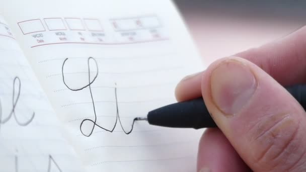 de Hand in de Notebook schrijft met de Pen in de kalligrafische handschrift de uitdrukking "leven" Close-up - Video