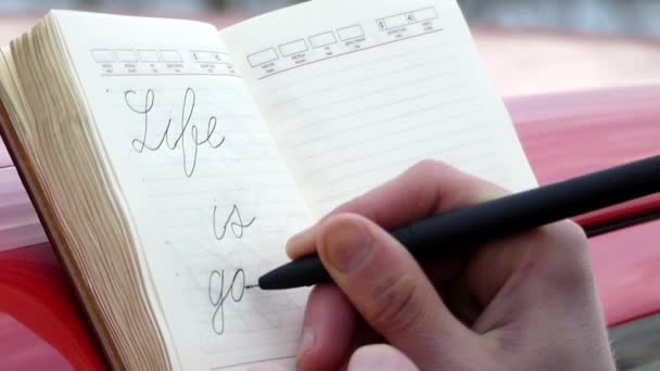 de persoon in het notitieblok schrijft in de kalligrafische handschrift de uitdrukking "het leven is goed" en stelt een Smiley nauwe - Video