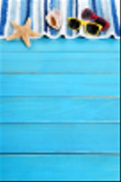 Summer beach background border, sunglasses, towel, starfish, woo - Photo, Image