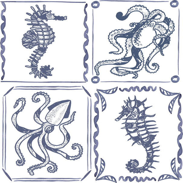Tiles set squid, octopus and sea horses. - Vector, Image