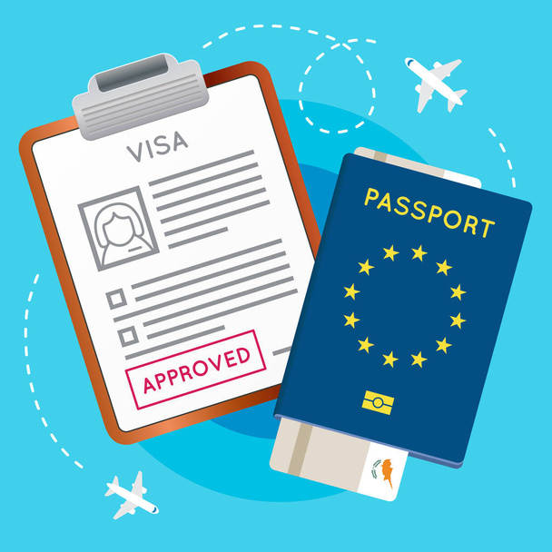 Visa goedgekeurd stempel, paspoort en Ticket - Vector, afbeelding