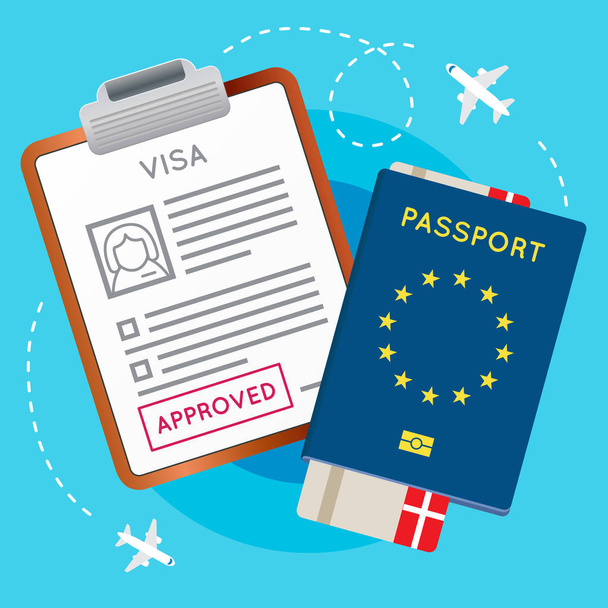Vize damgası, pasaport ve bilet onaylı - Vektör, Görsel