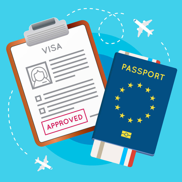 ビザ承認スタンプとパスポート、航空券 - ベクター画像