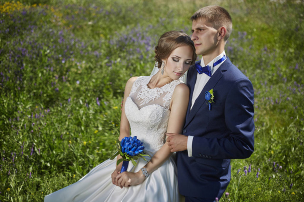 Sposi sposa e lo sposo in bei vestiti sulla natura del th
 - Foto, immagini