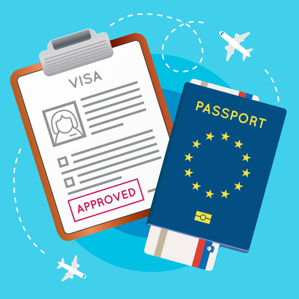 Visa-Stempel, Reisepass und Ticket genehmigt - Vektor, Bild