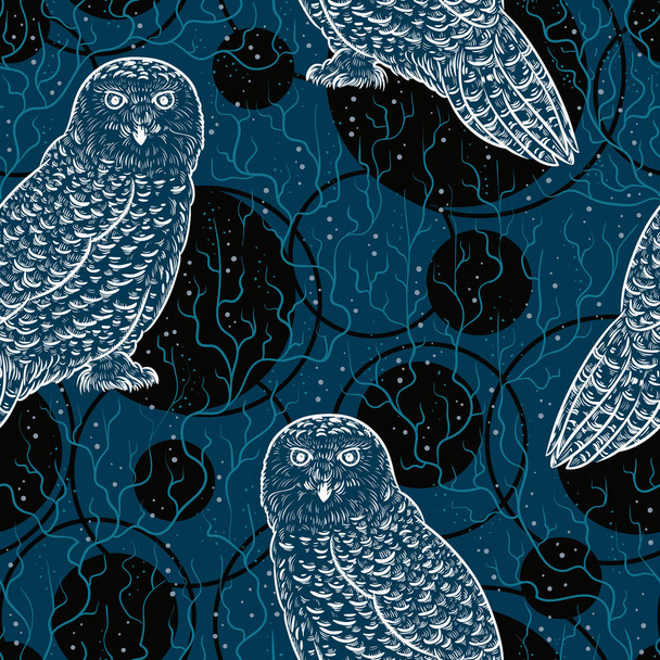 Seamless pattern with snowy owl and north plants. Vintage hand drawn vector illustration - Vector, Image
