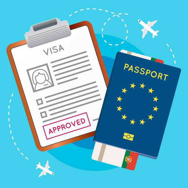 Visa-Stempel, Reisepass und Ticket genehmigt - Vektor, Bild