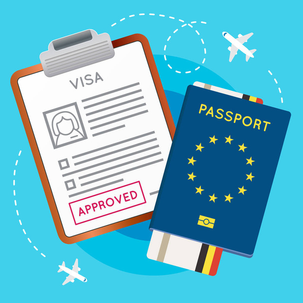 ビザ承認スタンプとパスポート、航空券 - ベクター画像