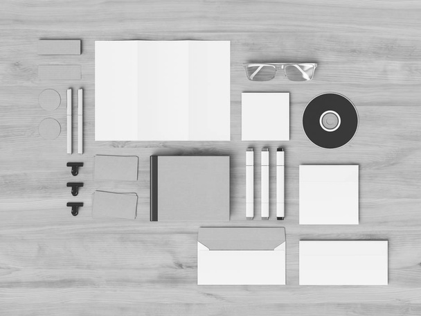 Black and white Corporate Identity. Branding Mock Up. Office supplies, Gadgets. 3D illustration - Fotó, kép