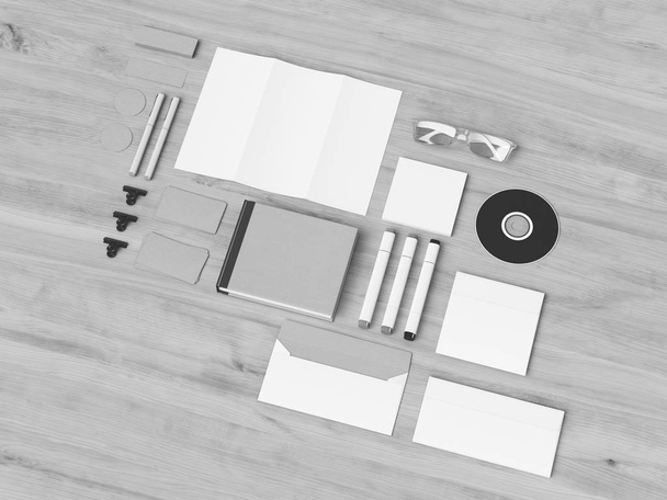 Black and white Corporate Identity. Branding Mock Up. Office supplies, Gadgets. 3D illustration - Foto, Bild