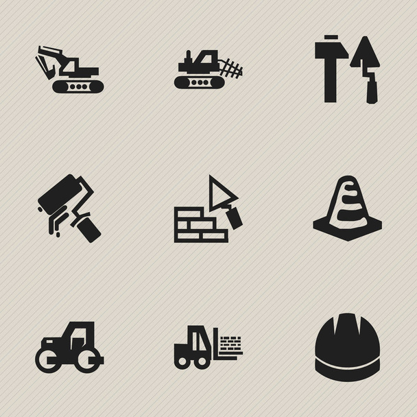 Ensemble de 9 icônes de construction modifiables. Comprend des symboles tels que le revêtement, les outils de construction, la machine d'excavation et plus encore. Peut être utilisé pour le Web, mobile, interface utilisateur et infographie
. - Vecteur, image