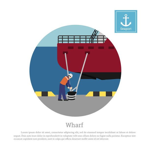港には船を係留作業。埠頭で貨物船 - ベクター画像