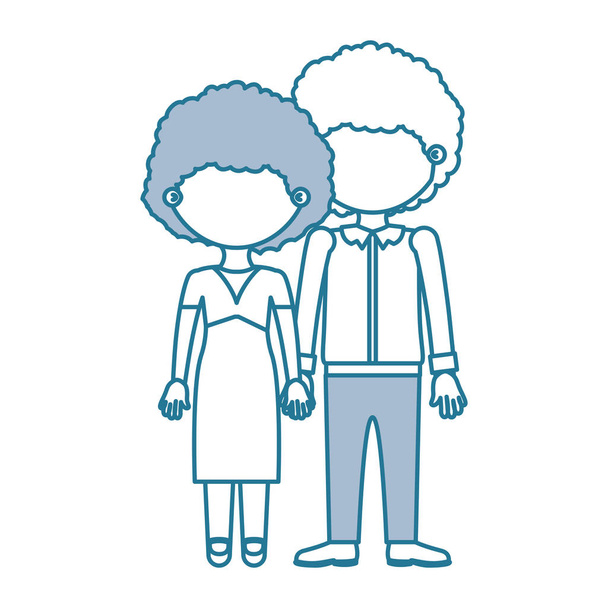 blue contour with color sections faceless curly couple taken hands - Vector, Image