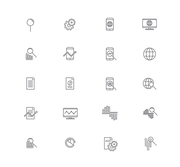 Set of Data Analysis icons. Vector Line Icons with magnifier, graph, circular graph and segment, gadgets, planet, diagrams, arrows - Vector, Image
