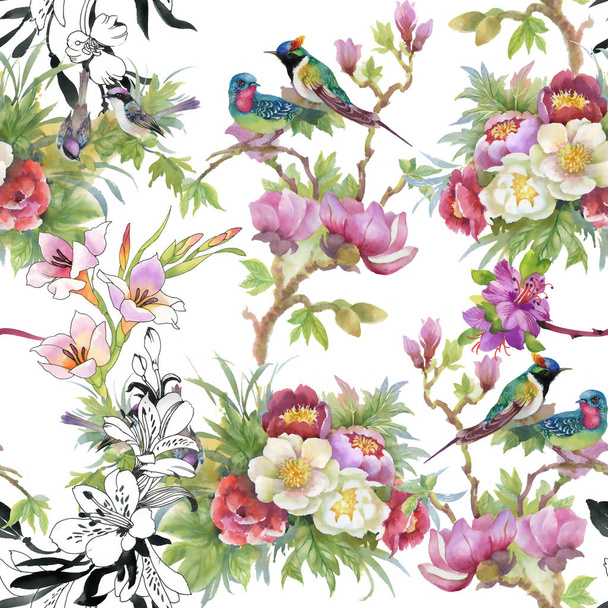 beautiful pattern with flowers and birds - Фото, изображение