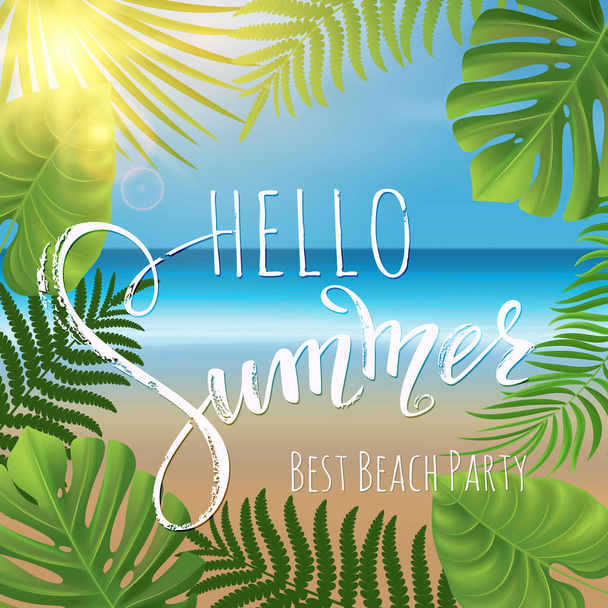 Summer lettering, palm branches. Tropical background, blue ocean landscape. Vector illustration EPS10. - Vector, Image