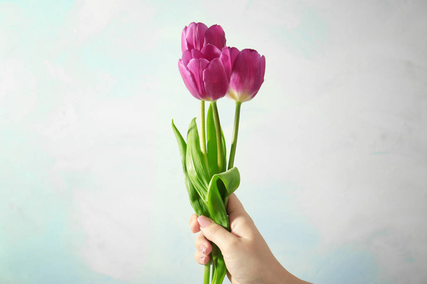 Female hand with beautiful tulips - Fotoğraf, Görsel
