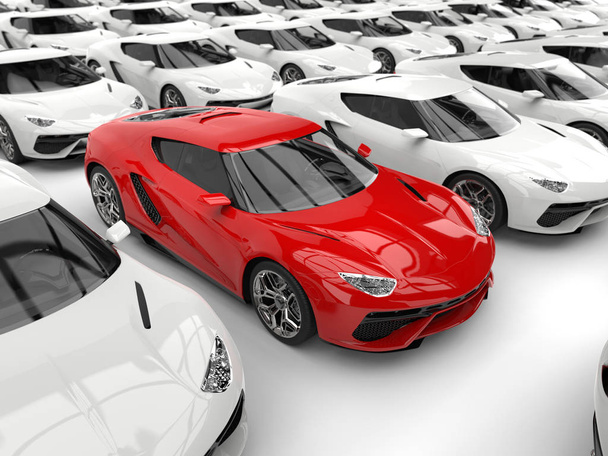 Červené sportovní auto vyčnívá mezi bílé automobily - Detailní záběr - Fotografie, Obrázek