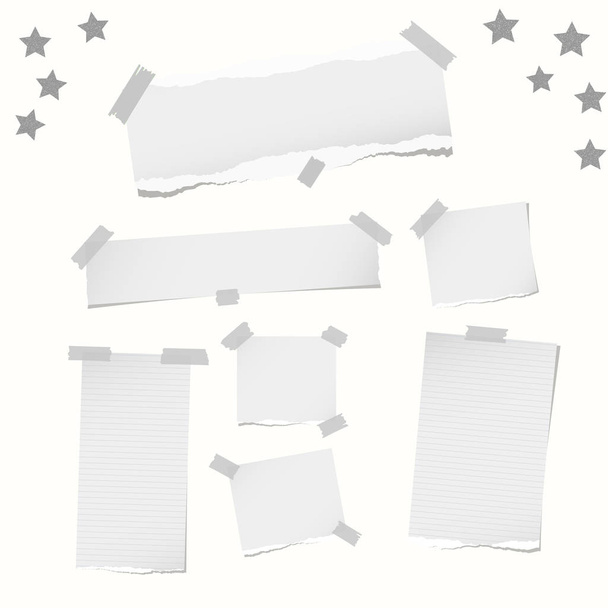 Ripped note, notebook, copybook paper strips, stars, stuck with sticky tape on white background. - Vector, Image