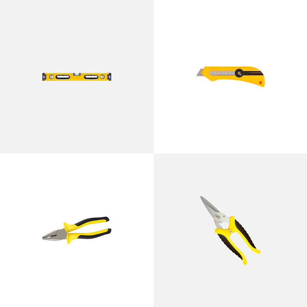 Reális olló, írószerek a kés, Plumb vonalzó és egyéb vektoros elemek. Eszközök reális szimbólumok is tartalmaz fogó, vágó, levélpapír tárgyak. - Vektor, kép