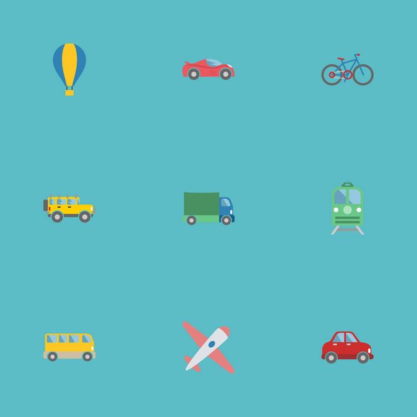 Płaski, Jeep, samochód, Omnibus i innych elementów wektora. Zestaw pojazdu płaskie symboli zawiera także samochodów, ciężarówek, rowerów obiektów. - Wektor, obraz