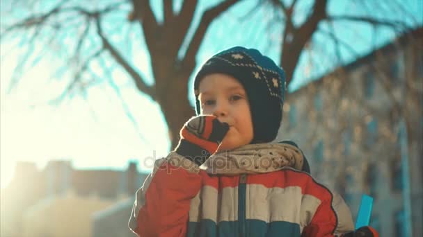 child plays with sand in a park in the spring - Materiał filmowy, wideo