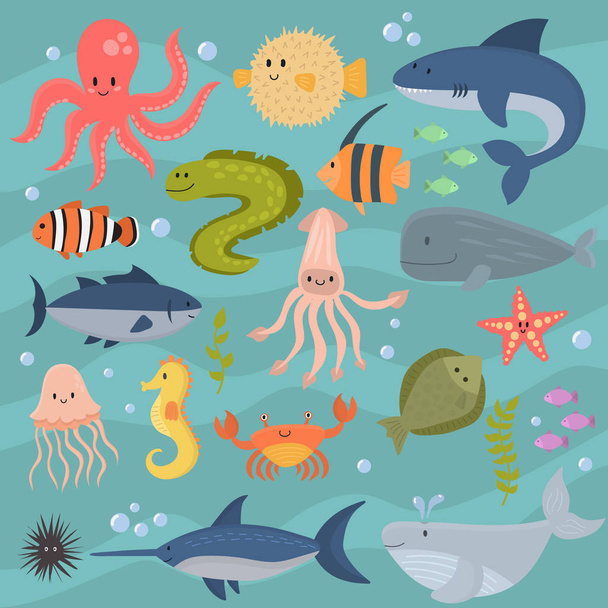 Sea life underwater cartoon animals cute marine characters fish aquarium tropical aquatic vector illustration. - Vektor, Bild