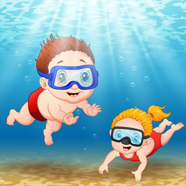 Dois miúdos a mergulhar debaixo de água
 - Vetor, Imagem