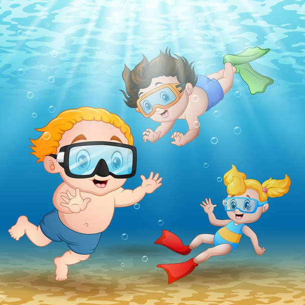 Tres niños nadando y buceando bajo el agua
 - Vector, Imagen