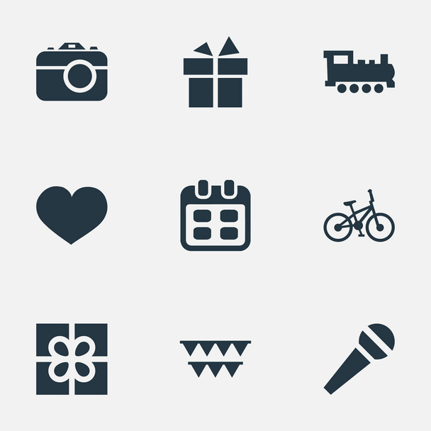 Vector Illustration Set of Simple Celebration Icons (en inglés). Elementos Alma, Cinta, Bicicleta y Otros Sinónimos Sentimientos, Decoraciones y Discurso
. - Vector, imagen