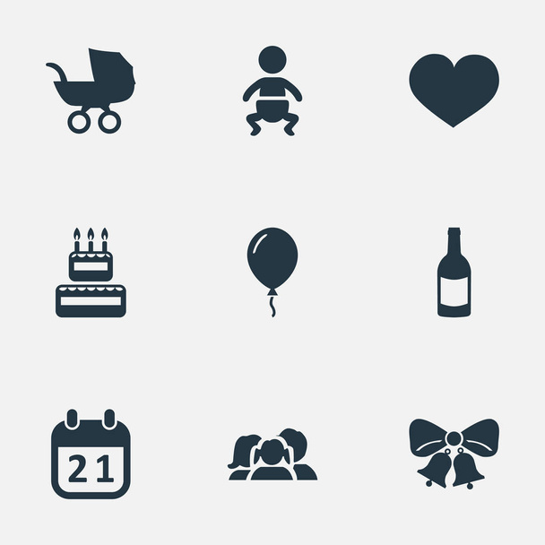 Vektoros illusztráció készlet egyszerű születésnapi ikonok. Elemek babakocsi, lélek, csecsemő- és egyéb szinonimák harangok, kocsi- és Sweetmeat. - Vektor, kép