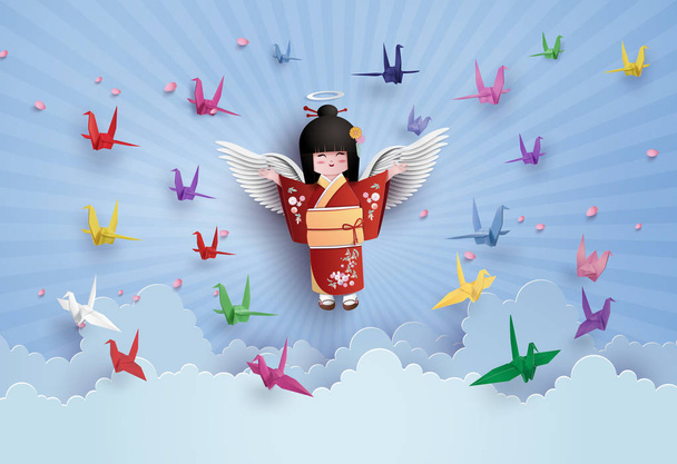 Japanese girls wearing national dress  and origami bird  - Vector, Image
