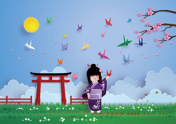 Japon kızlar Ulusal mutlulukla giysi ve kuş kağıt. - Vektör, Görsel