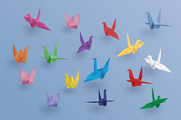 conjunto de aves de papel sobre fondo azul.El arte del origami
 - Vector, Imagen