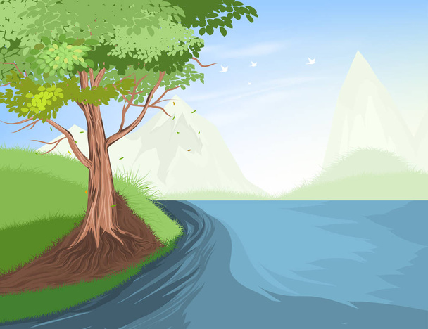 木や湖のシーン - ベクター画像
