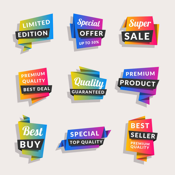 Set of sale banners. Shopping tags. Discount and promotional colorful origami stickers. Vector illustration. - Vector, Image