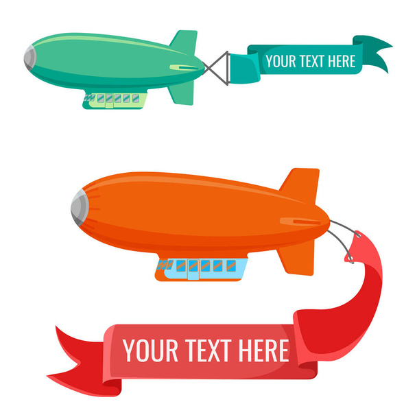 Set of blimps with advertising banners vector illustration isolated on white. - Вектор,изображение
