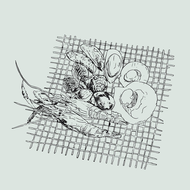 Conjunto de ilustraciones de mariscos vectoriales. Parrilla dibujada a mano marisco sket
 - Vector, imagen
