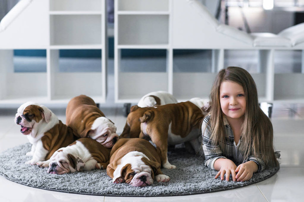 Cute beautiful girl lying on the floor with the puppies English bulldog - Photo, Image