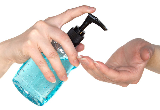 Hydratant désinfectant pour les mains à partir d'une pompe
 - Photo, image