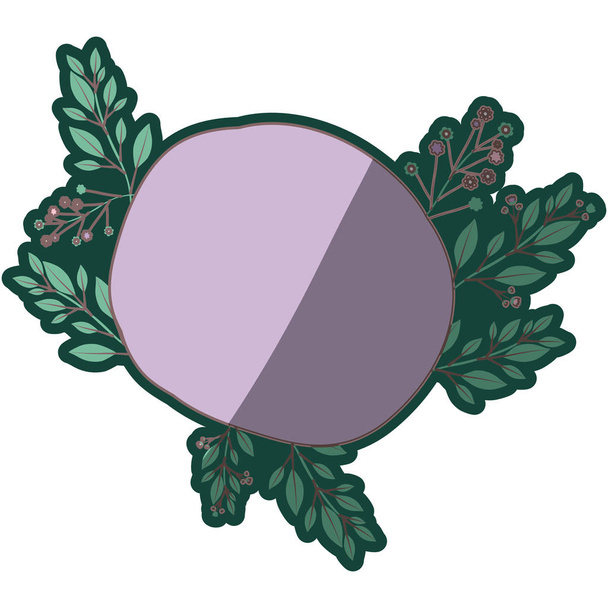 virágos dekoráció és lila kör alakú sziluettje színes vastag kontúr - Vektor, kép