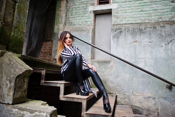 Fashionable woman look with black and white striped suit jacket, - Photo, image