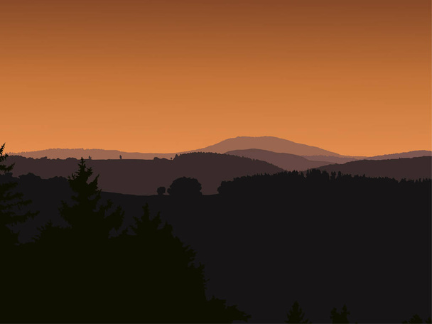 Панорамный вид на пейзаж с темными силуэтами холмов и гор за лесом под ярким ярким дневным небом с восходящим солнцем - векторная иллюстрация
 - Вектор,изображение