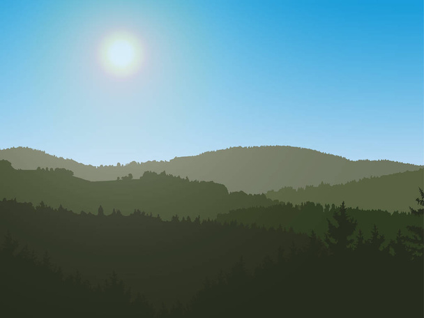 暗いシルエットの丘と太陽が昇る - ベクトル図と劇的な一日をきれいな空の下で森の背後の山の風景のパノラマ ビュー - ベクター画像