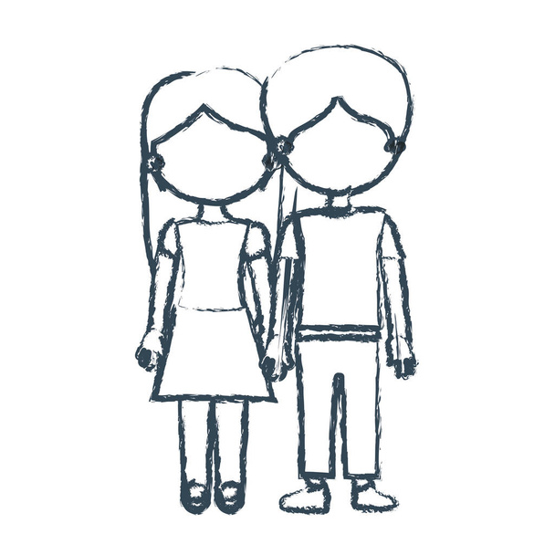 blurred blue contour faceless couple girl with skirt and lond hair with boy in casual clothing and taken hands - Vector, Image
