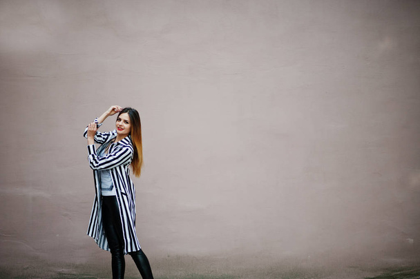 Fashionable woman look with black and white striped suit jacket, - Fotografie, Obrázek