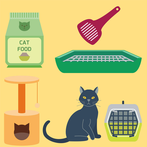Colorful cat accessory cute vector animal icons pet equipment food domestic feline illustration. - Vettoriali, immagini