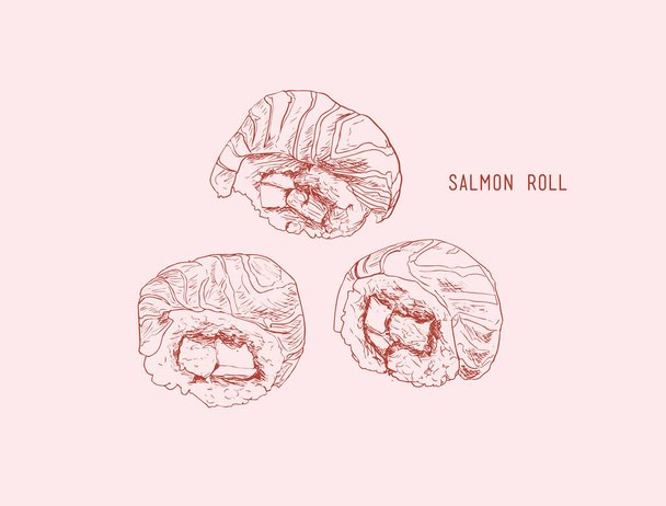 salmon roll sushi . Hand drawn vintage sushi set vector illustration. - Vektor, obrázek